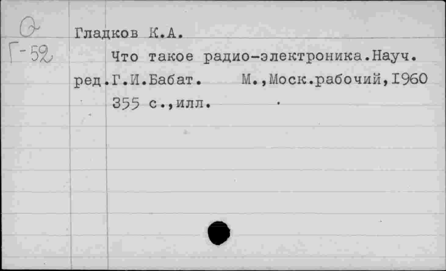 ﻿Гладков К. А.
Что такое радио-электроника.Науч.
ред.Г.И.Бабат.	М.,Моск.рабочий,1960
355 с.,илл.